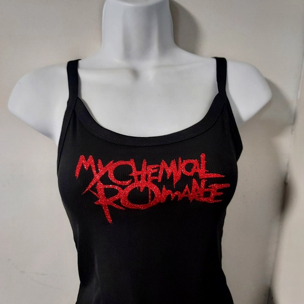 My chemical romance tank top vintage logo red glitter my chemical romance shirt
